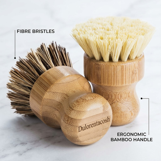 Dulorentacosh Natural Bamboo Dish Brush - Ergonomic Wooden Pot Scrubber with Durable Tampico Fiber Bristles - Eco-Friendly Kitchen Scrub Brush for Dishes, Cast Iron Pans & Sinks